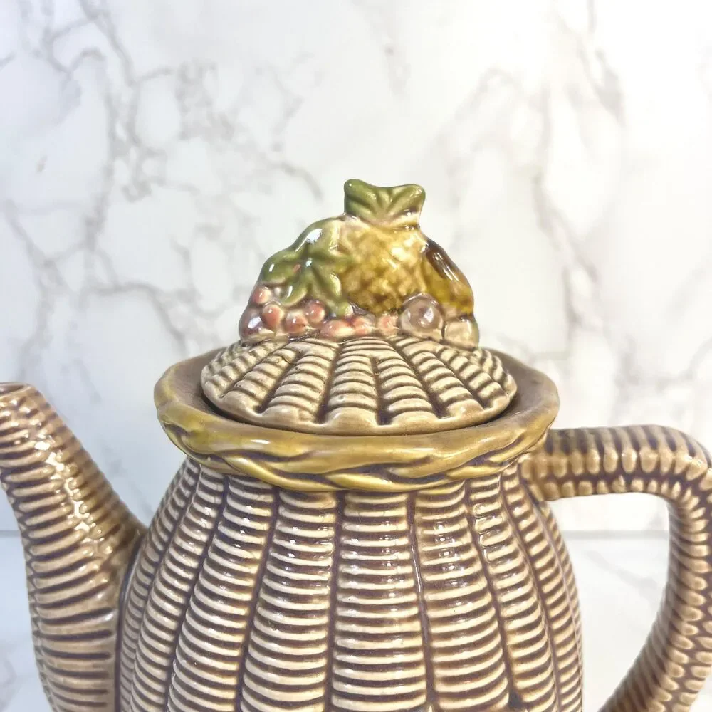 Vintage Tilso Japan Basketweave Teapot, Mid-Century Ceramic Fruit Lid, Retro